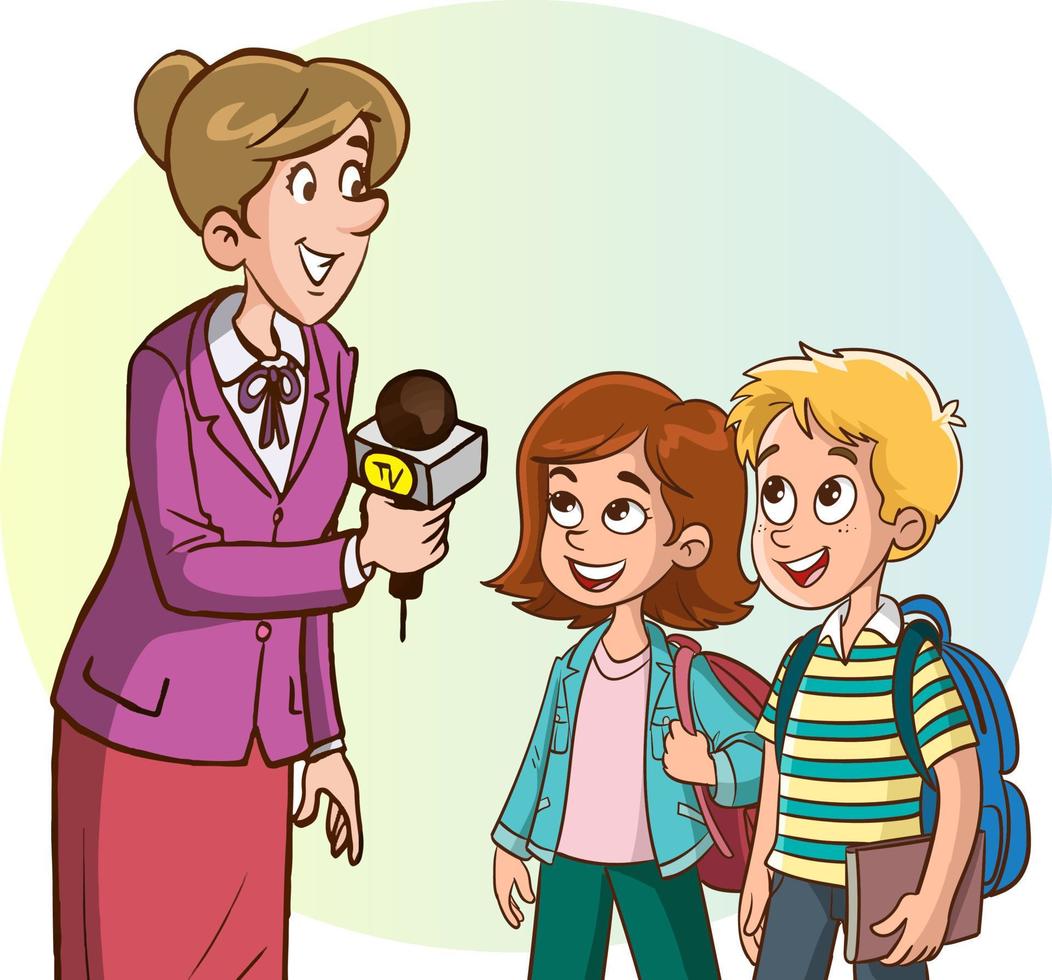 journalist woman doing street interview with students and children vector