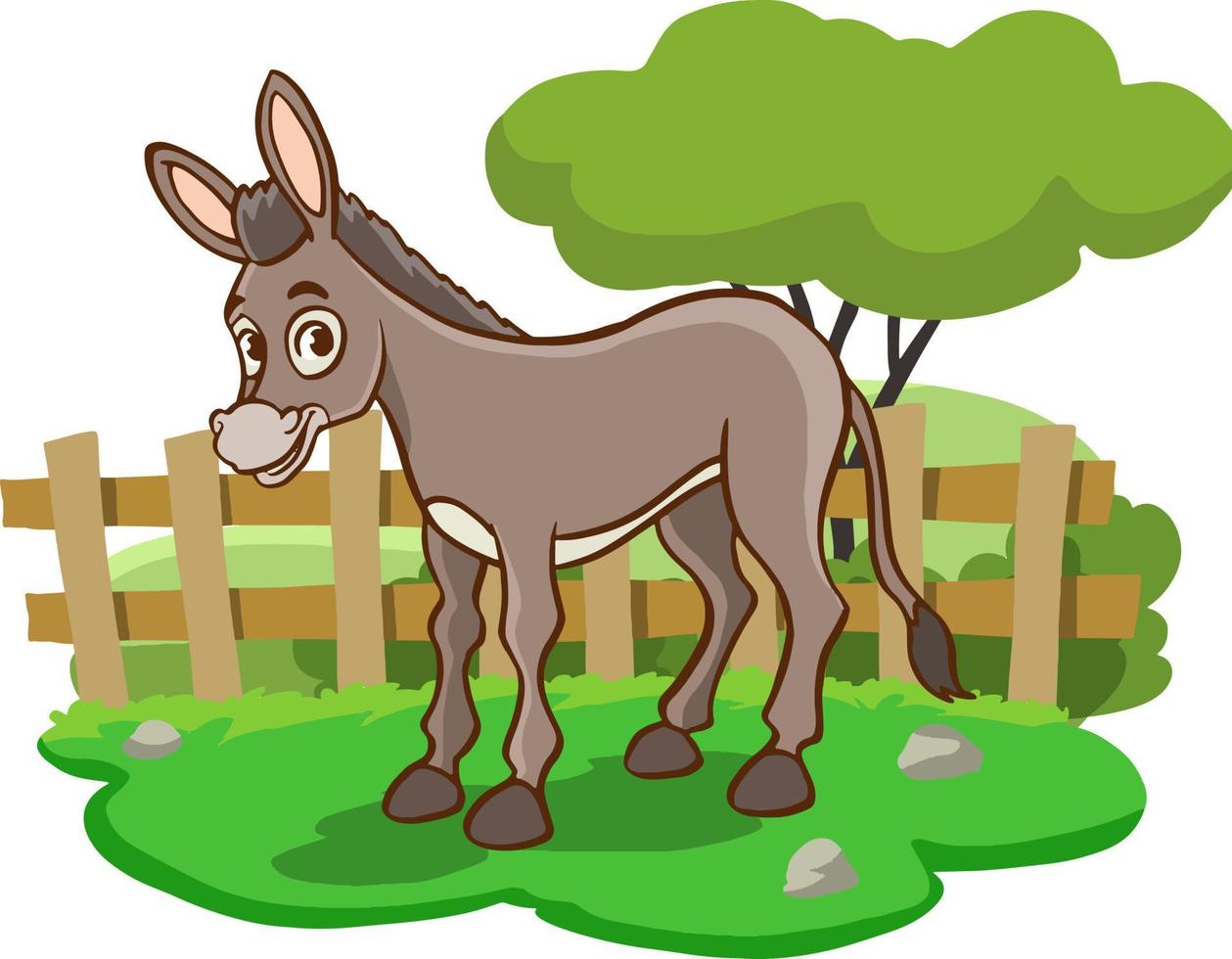 Cartoon donkey is standing in a clearing. Vector background with a farm