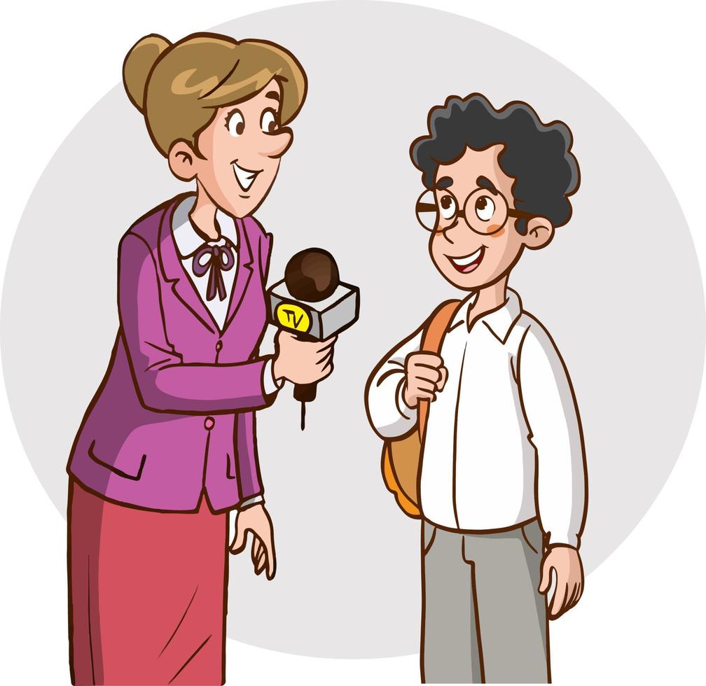 journalist woman doing street interview with students and children vector