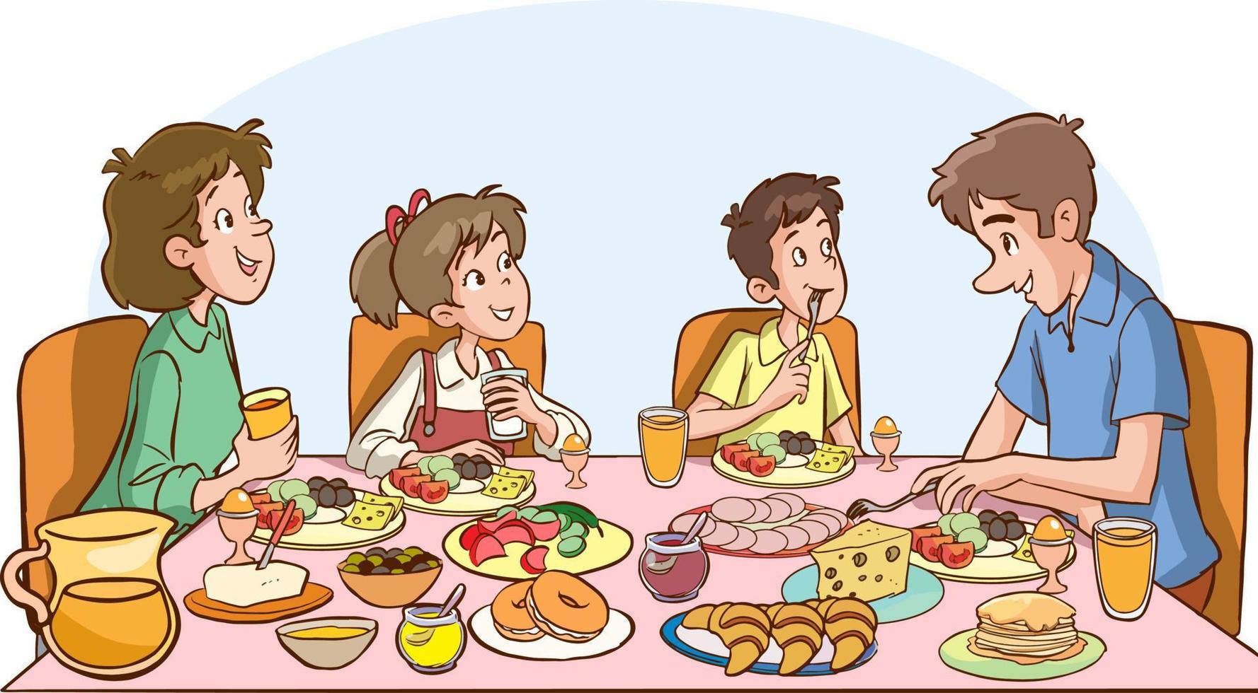 cute family are eating at the dinner table they are having breakfast cartoon vector