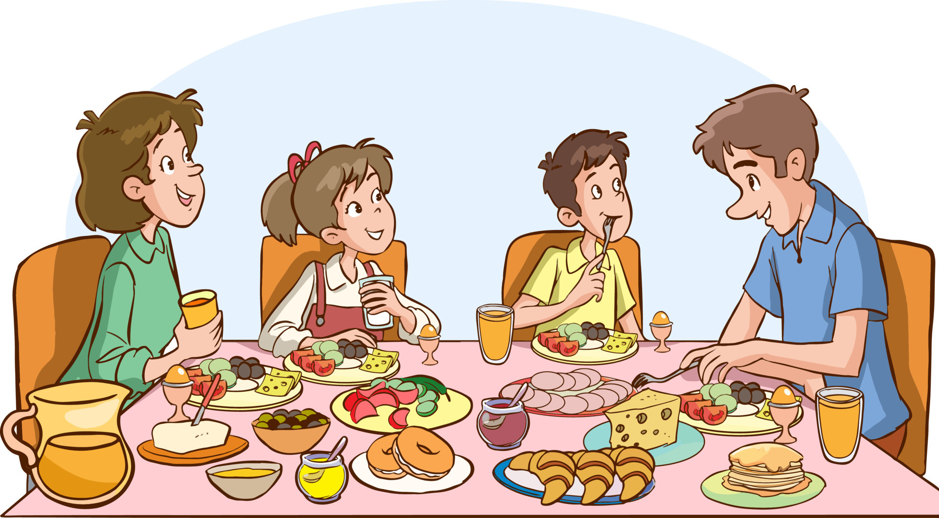 cute family are eating at the dinner table they are having breakfast cartoon  vector 17309574 Vector Art at Vecteezy