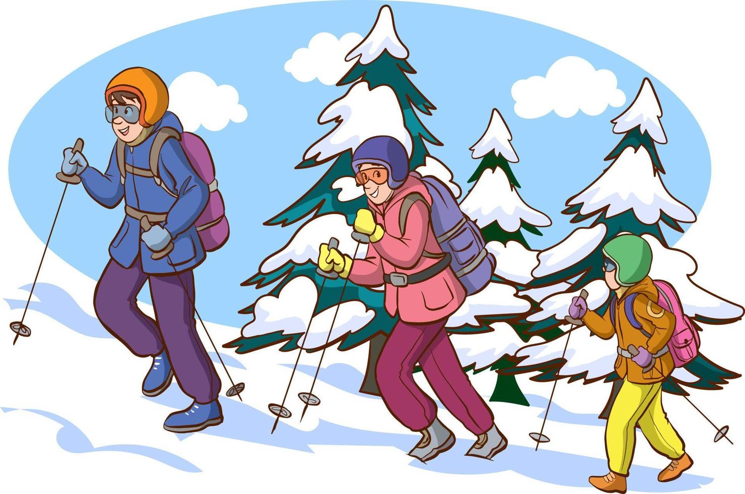 family hiking in winter cartoon vector