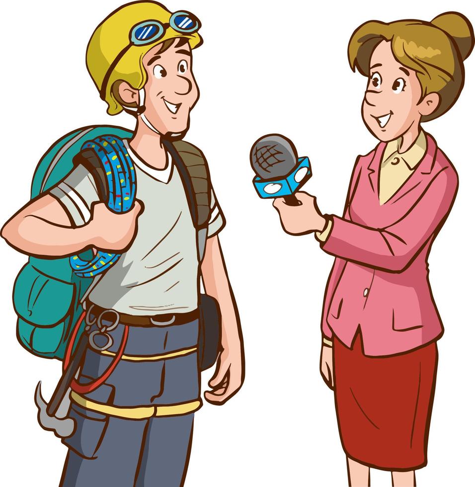 female journalist interviewing the climber man cartoon vector