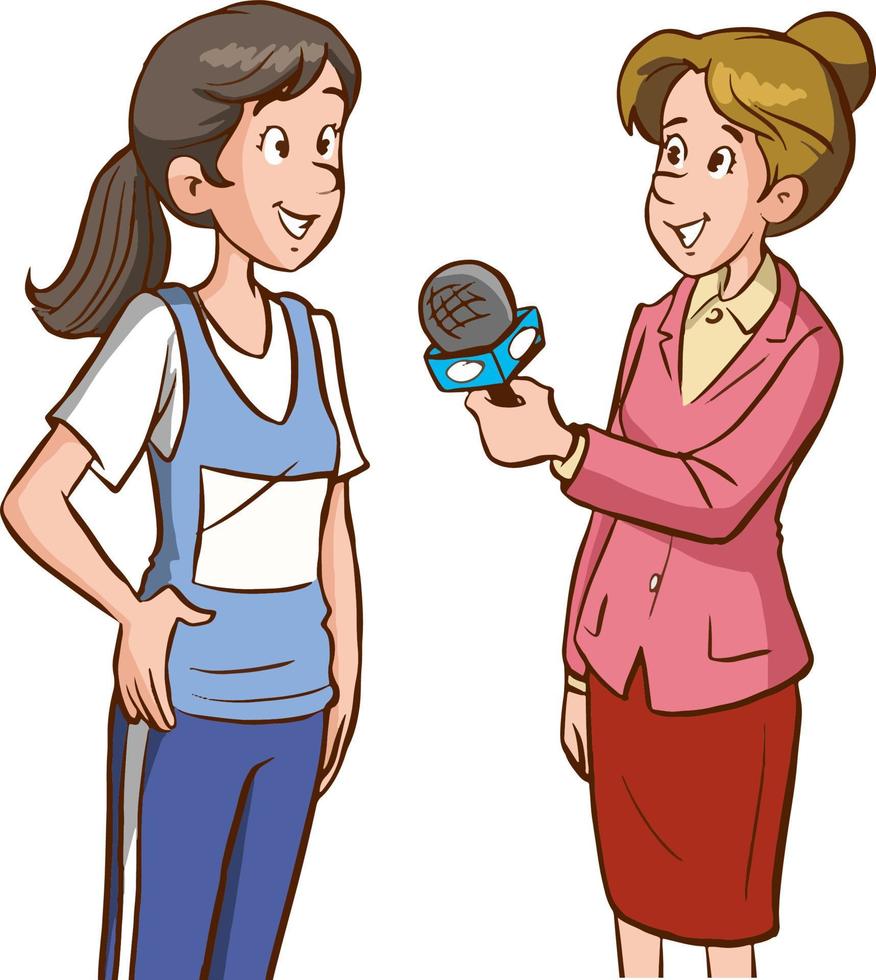 female journalist interviewing athlete woman cartoon vector