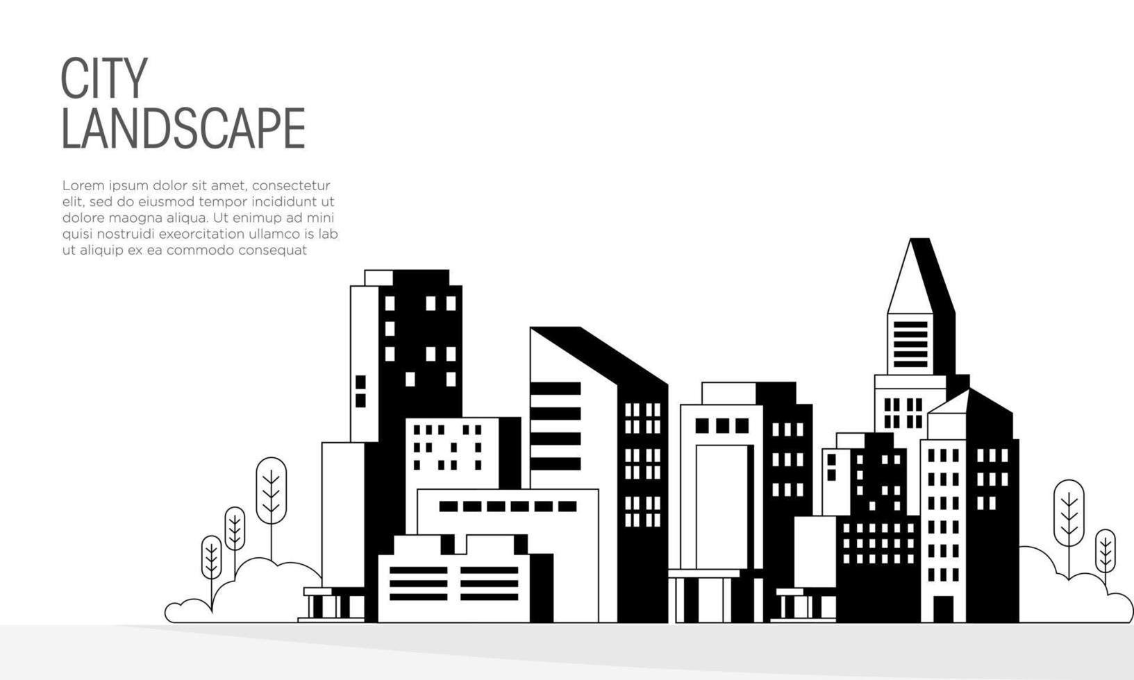 ilustración de vector de paisaje de ciudad en blanco y negro. adecuado para el elemento de diseño de fondo de ciudad moderna, arquitectura, banner de viajes de turismo.