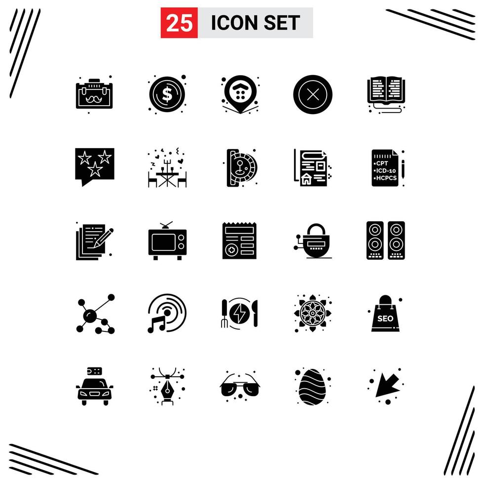 Pack of 25 Modern Solid Glyphs Signs and Symbols for Web Print Media such as library wireframe location ux layout Editable Vector Design Elements