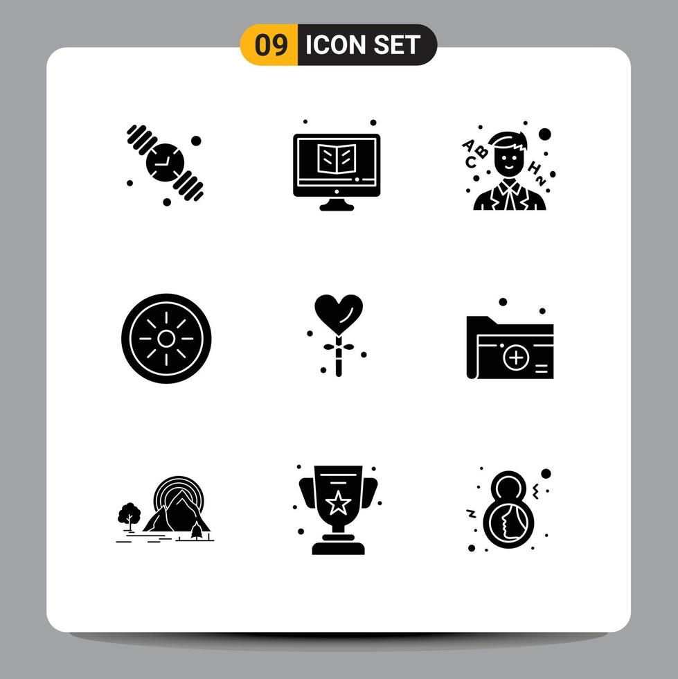 9 User Interface Solid Glyph Pack of modern Signs and Symbols of valentines day heart monitor vegetables food Editable Vector Design Elements