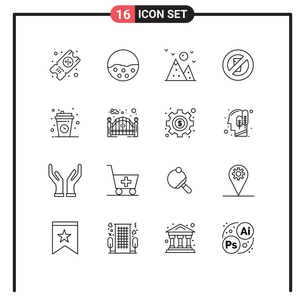 Group of 16 Modern Outlines Set for coffee ramadan hiking no water fasting Editable Vector Design Elements