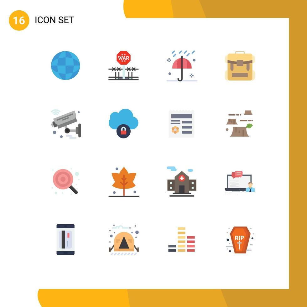 Flat Color Pack of 16 Universal Symbols of hiking camping occupy bag umbrella Editable Pack of Creative Vector Design Elements
