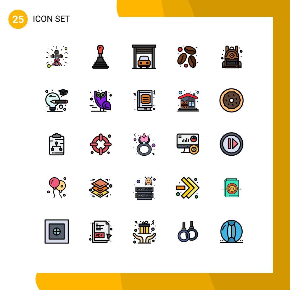 Filled line Flat Color Pack of 25 Universal Symbols of light school garage education coffee bean Editable Vector Design Elements