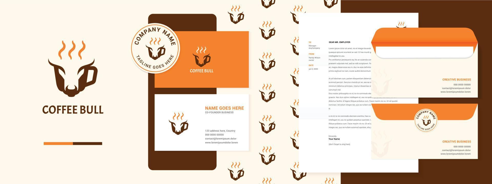 coffee or tea cup logo design with bull face, branding design with business card, letterhead, pattern, envelope, sticker vector