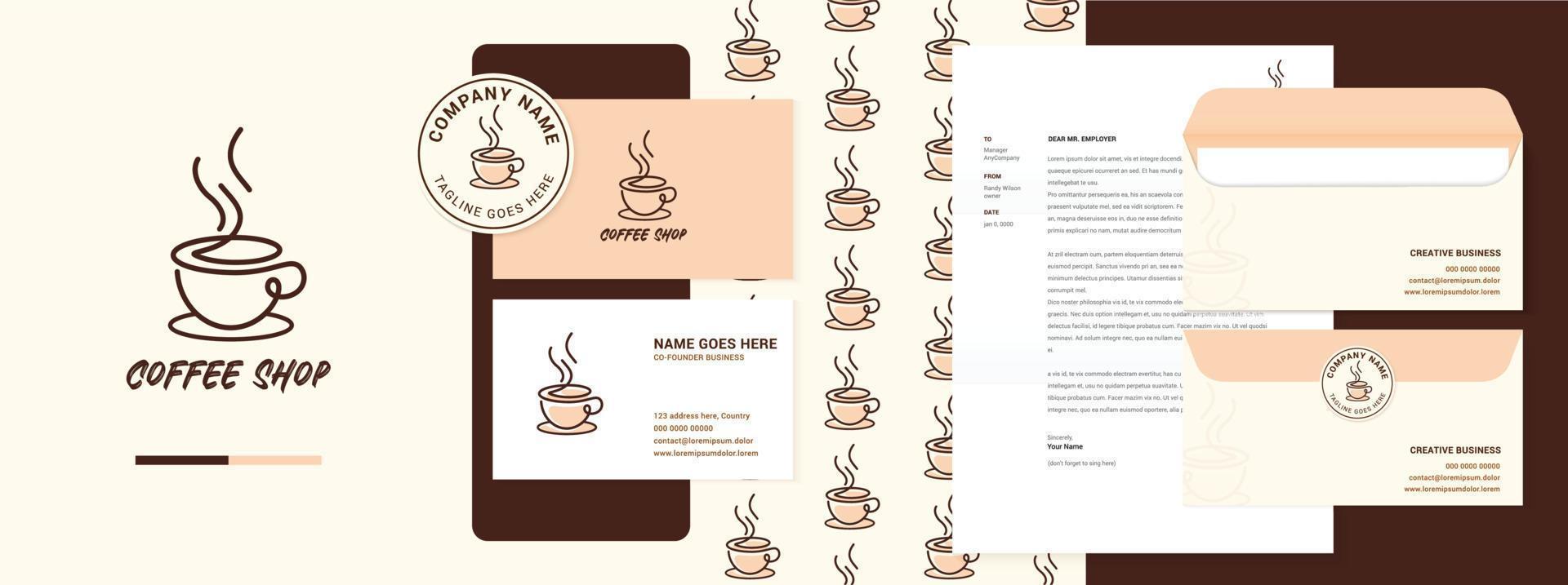 coffee shop logo and branding design with business card, letterhead, pattern, envelope, sticker vector