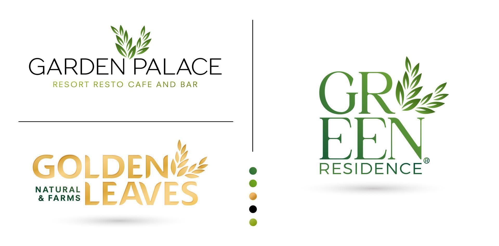 illustration of Green Residence, golden leaves, garden palace logos letter type isolated white background for Branding and identity design, corporate mark logotype, Conceptual identity designs company vector