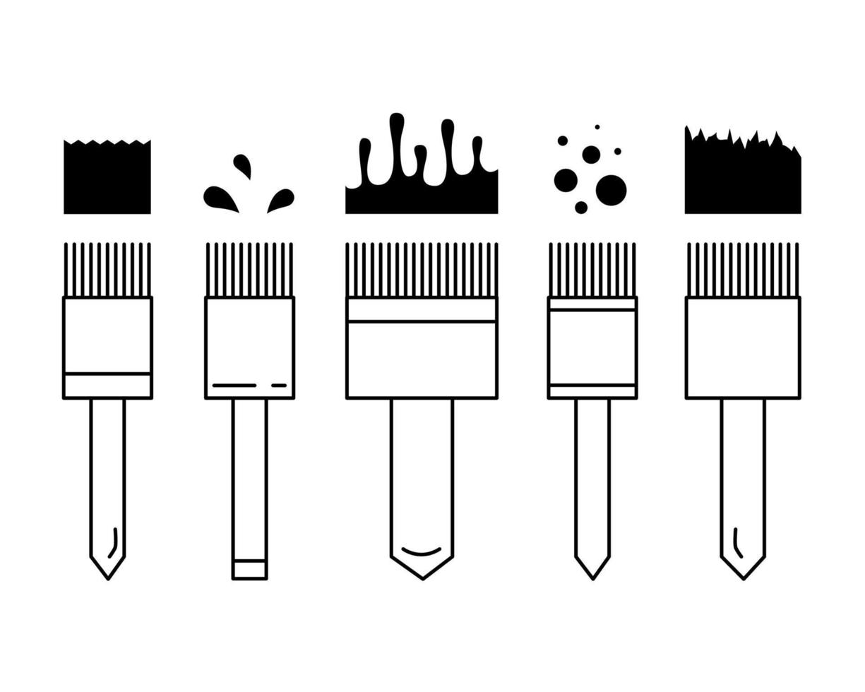 Painting tools. Samples of paint, drips and drops. Set of outline icons. Vector illustration. Line drawing of painting brushes.