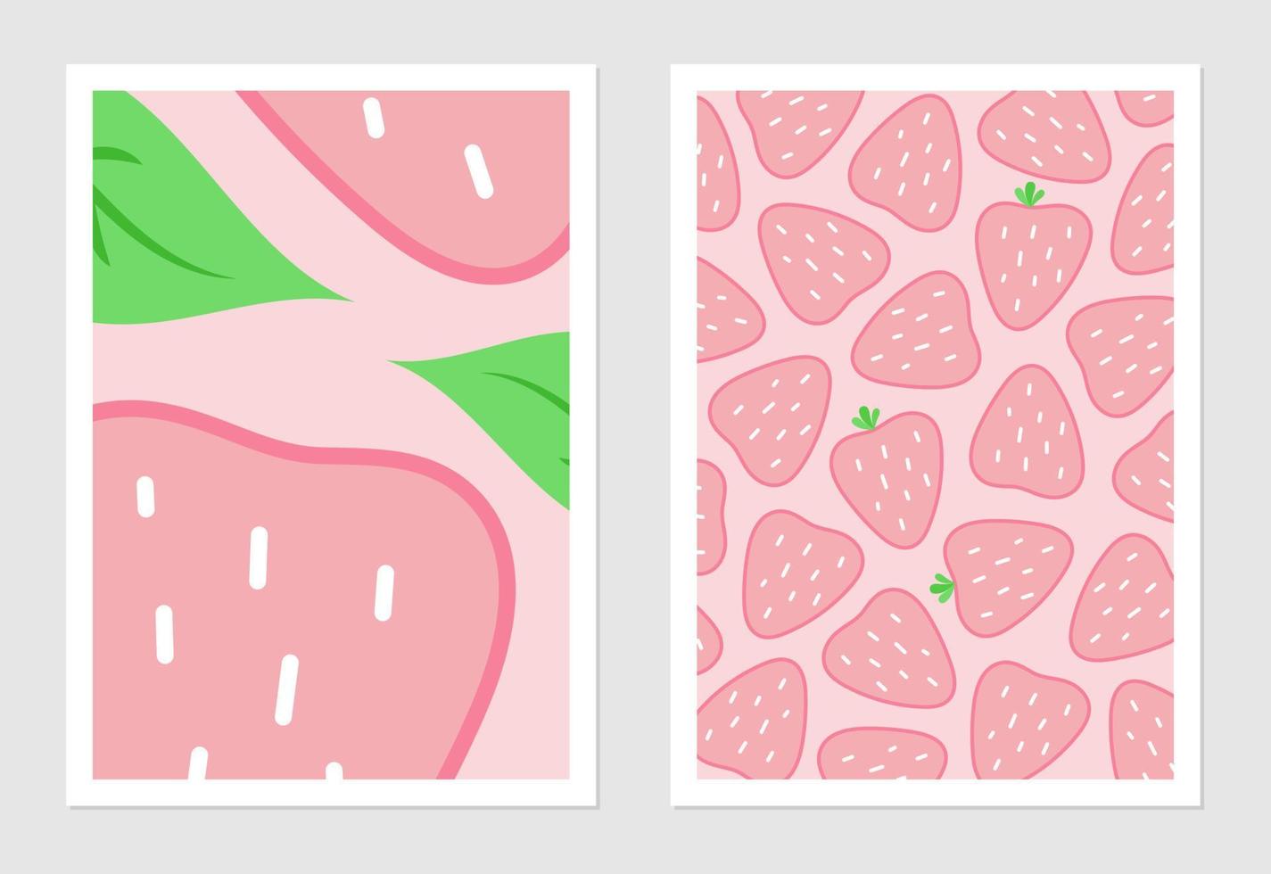 Posters with strawberries. Vector illustration of pink berries and twig with green leaves. Summer strawberry background. Interior design.