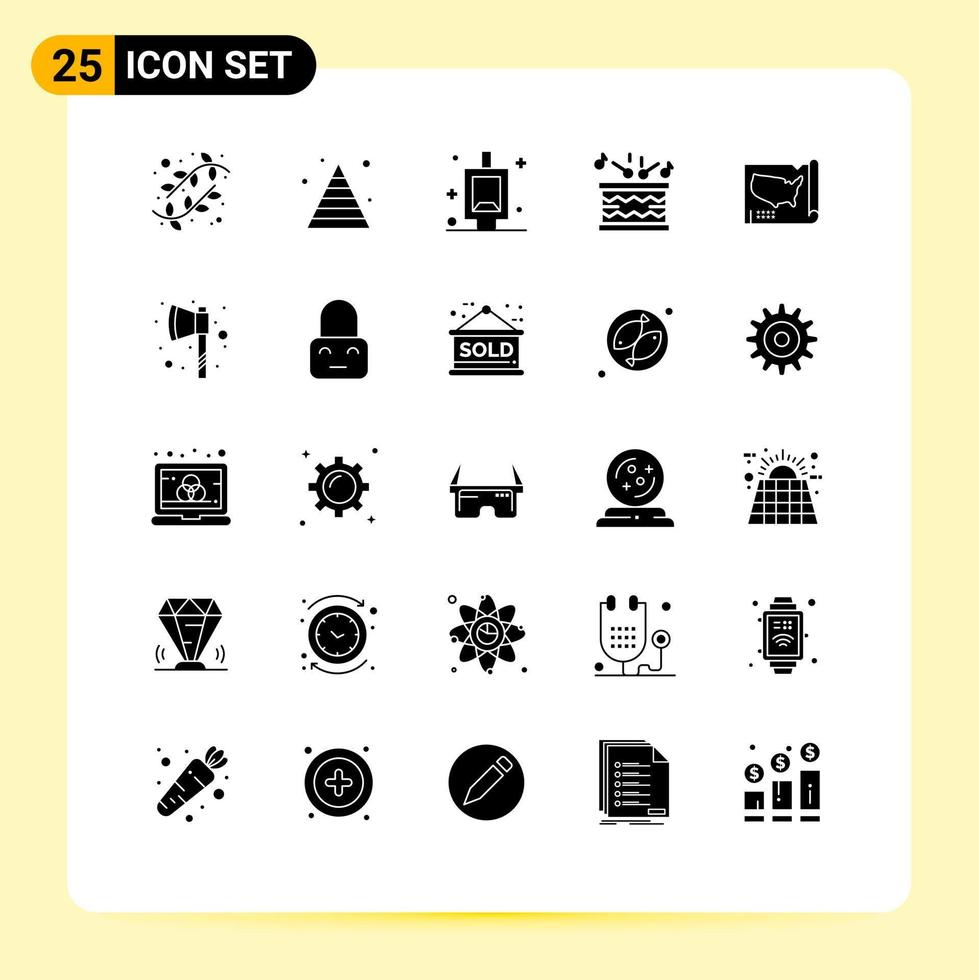 Set of 25 Commercial Solid Glyphs pack for united map urinal sticks instrument Editable Vector Design Elements