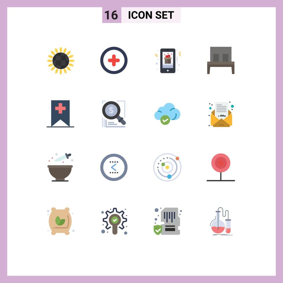 paquete de color plano de 16 símbolos universales de más sueño regalo cama interior paquete editable de elementos creativos de diseño de vectores