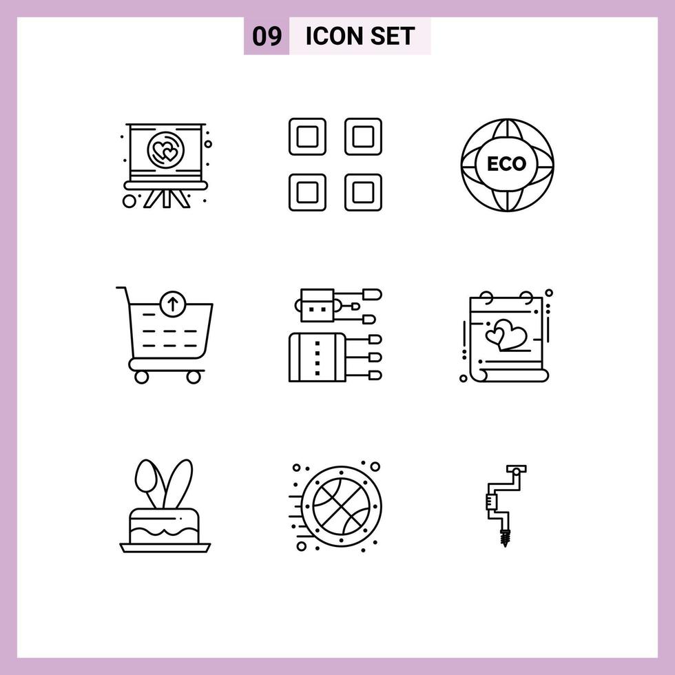 Pack of 9 Modern Outlines Signs and Symbols for Web Print Media such as chinese shopping cart environment ecommerce eco Editable Vector Design Elements