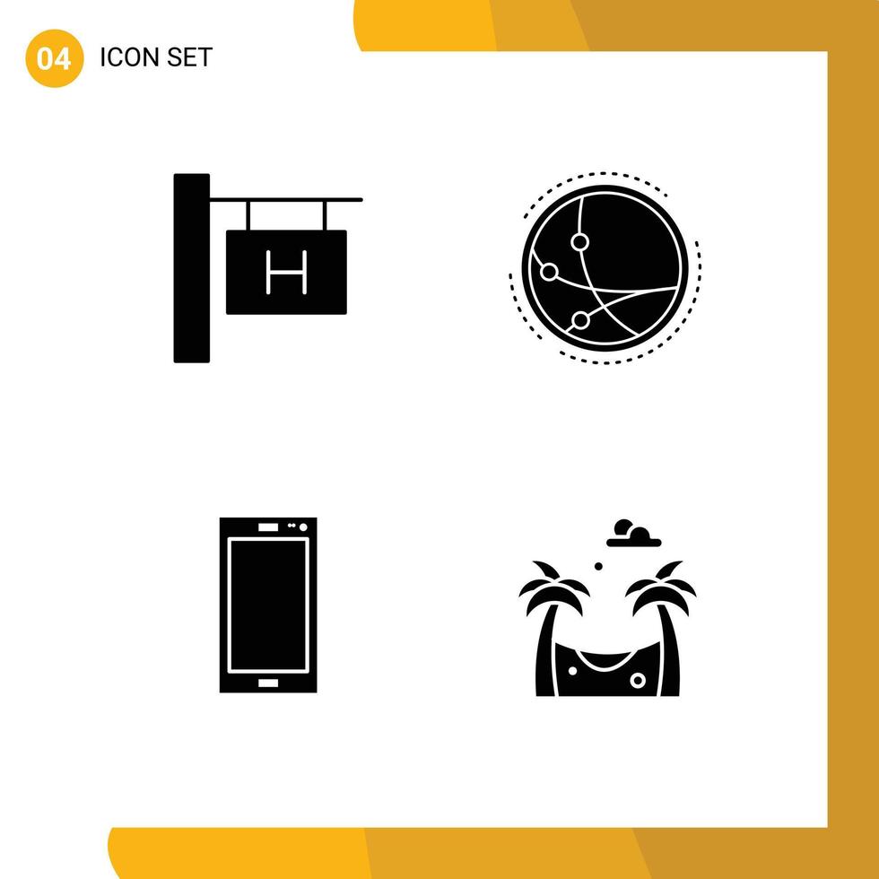 Editable Vector Line Pack of 4 Simple Solid Glyphs of hotel sign smart phone worldwide internet android Editable Vector Design Elements