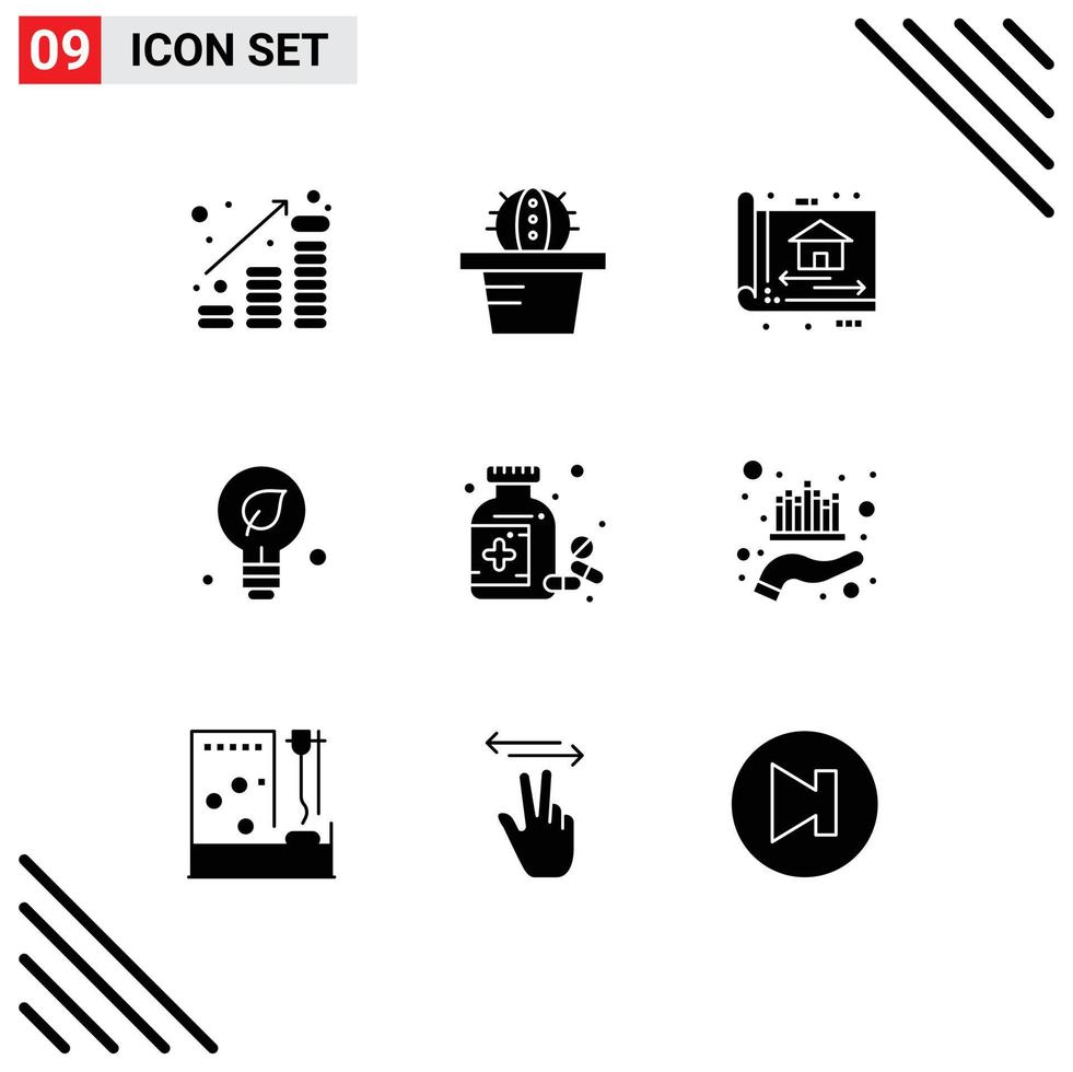 Pack of 9 Modern Solid Glyphs Signs and Symbols for Web Print Media such as medicine idea architect green ecology Editable Vector Design Elements