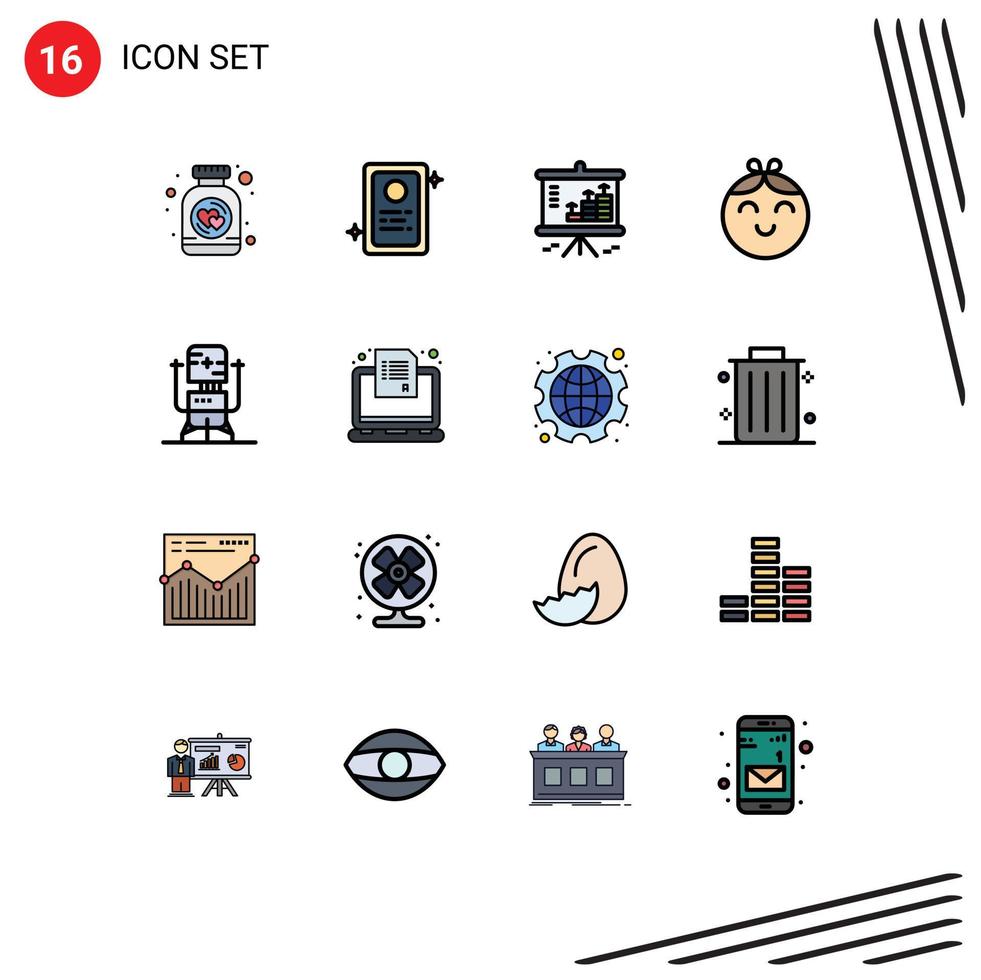 16 Universal Flat Color Filled Lines Set for Web and Mobile Applications future biochip chart girl baby Editable Creative Vector Design Elements
