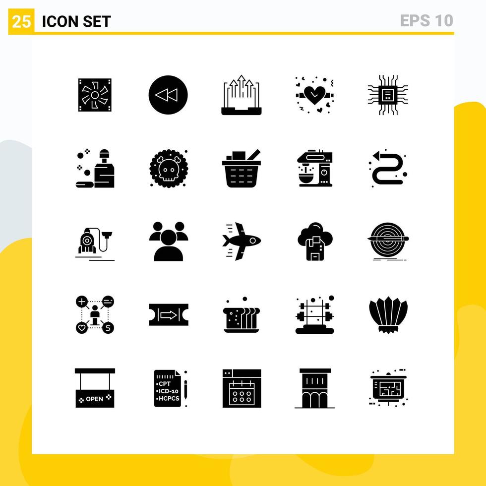 Pack of 25 Modern Solid Glyphs Signs and Symbols for Web Print Media such as cpu watch arrow valentine report Editable Vector Design Elements