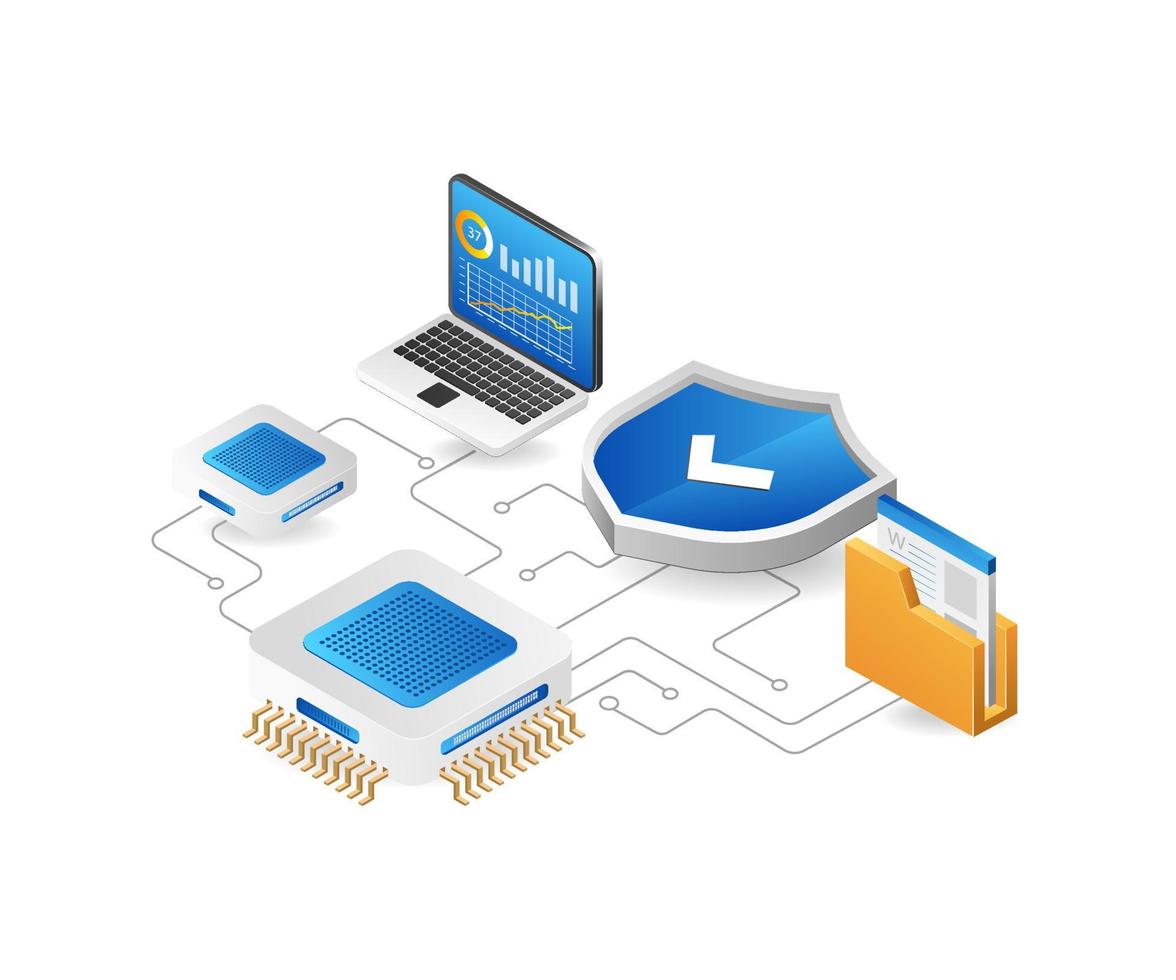 ilustración de concepto 3d plano isométrico del programa de seguridad del sistema de datos de chip vector