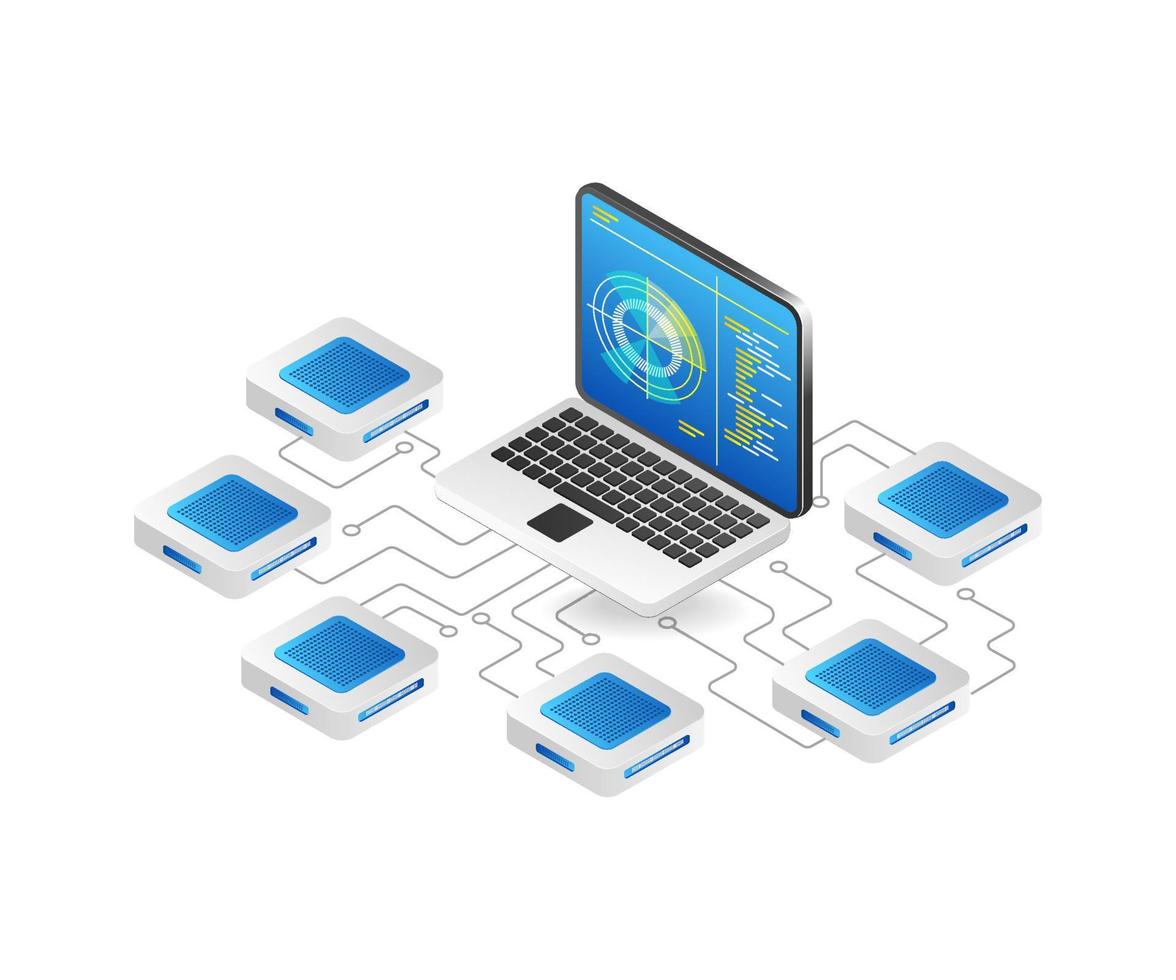 Flat isometric 3d concept illustration radar control network data analysis vector