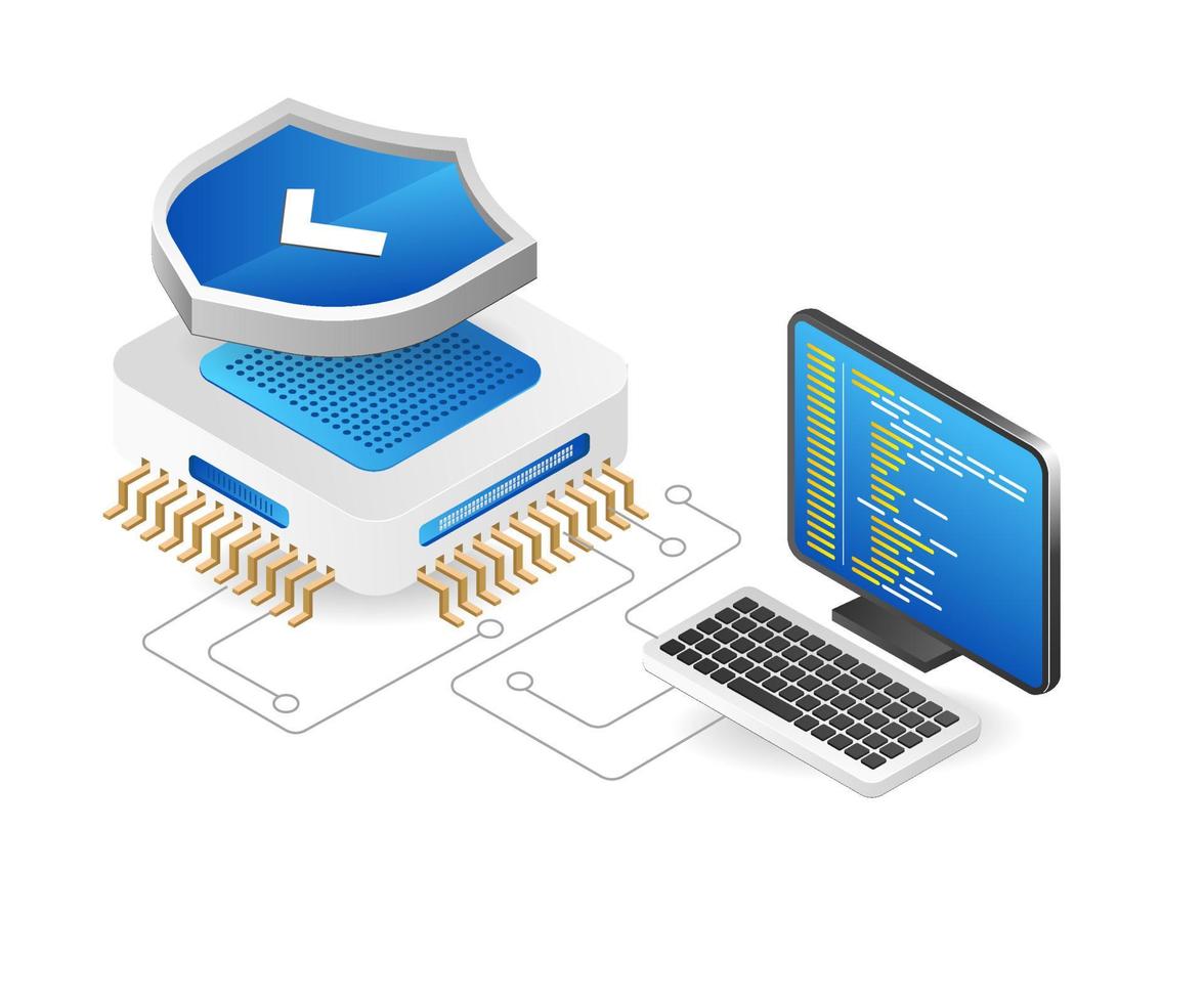 Isometric flat 3d concept of chip system security program illustration vector