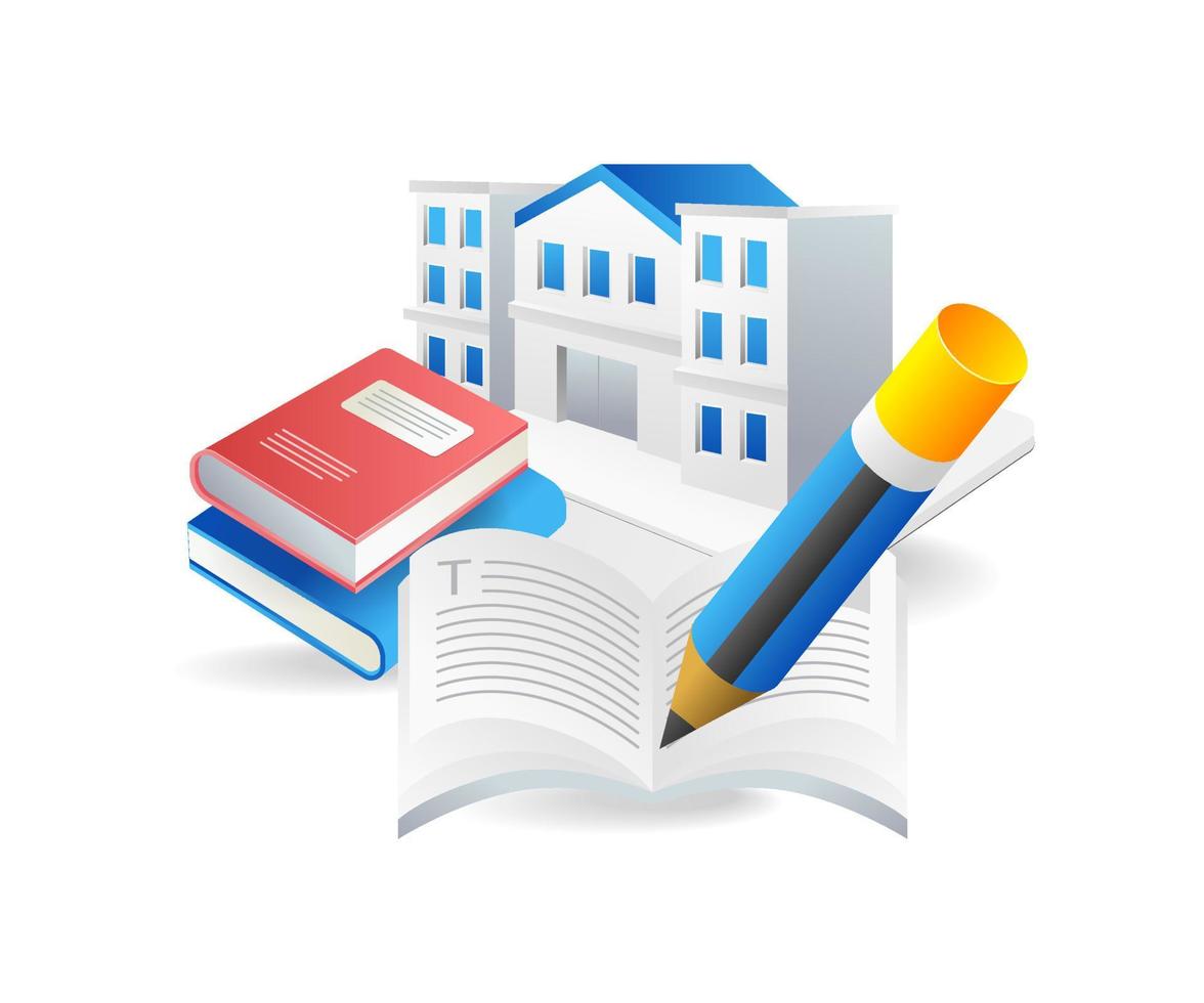 Isometric flat 3d concept illustration of school building and learning book symbol vector