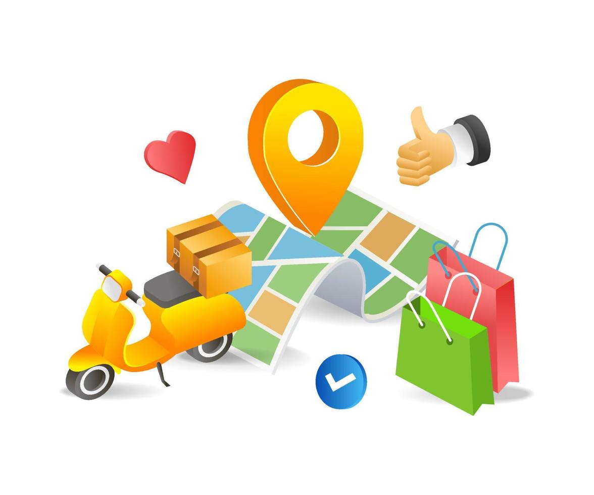 Flat 3d concept isometric illustration of online shopping goods delivery map location vector