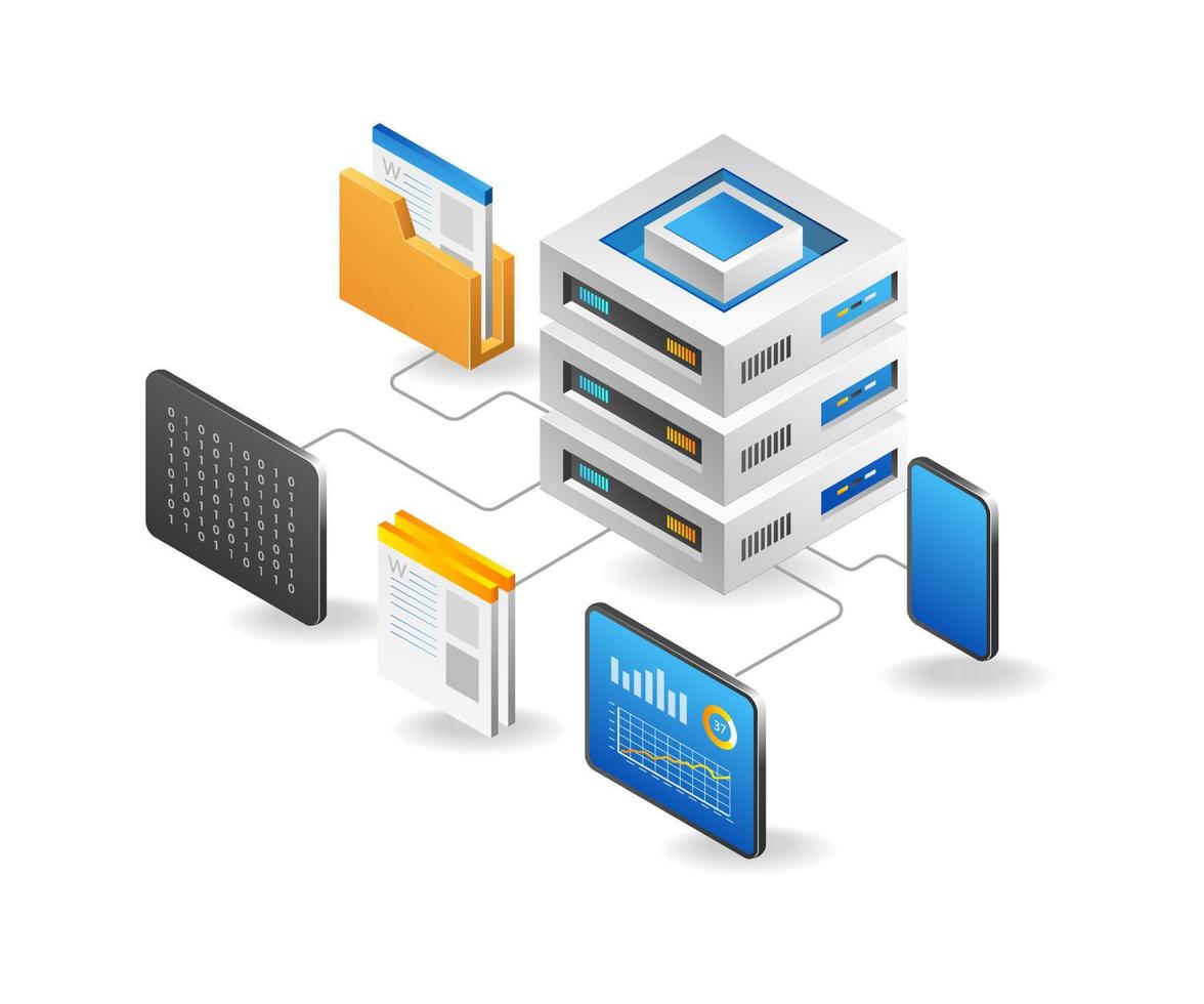 concepto de ilustración 3d isométrica plana de servidor de almacenamiento de big data vector