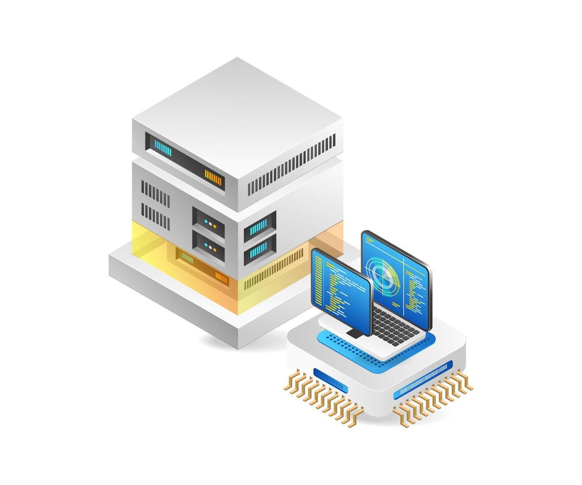 Isometric flat 3d concept illustration of analyst radar control programmer vector