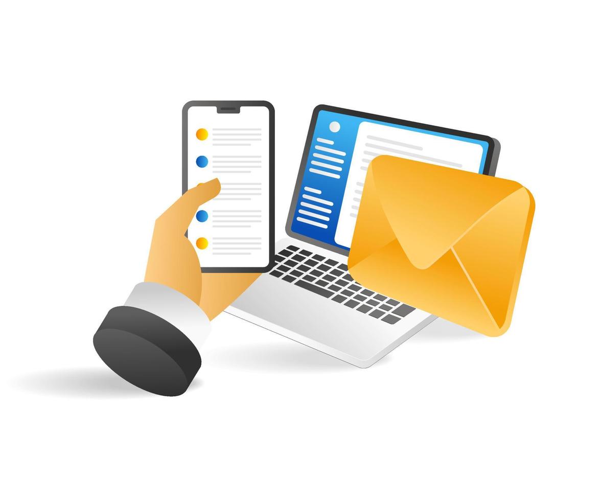 Flat 3d concept isometric illustration of reading email message on smartphone vector