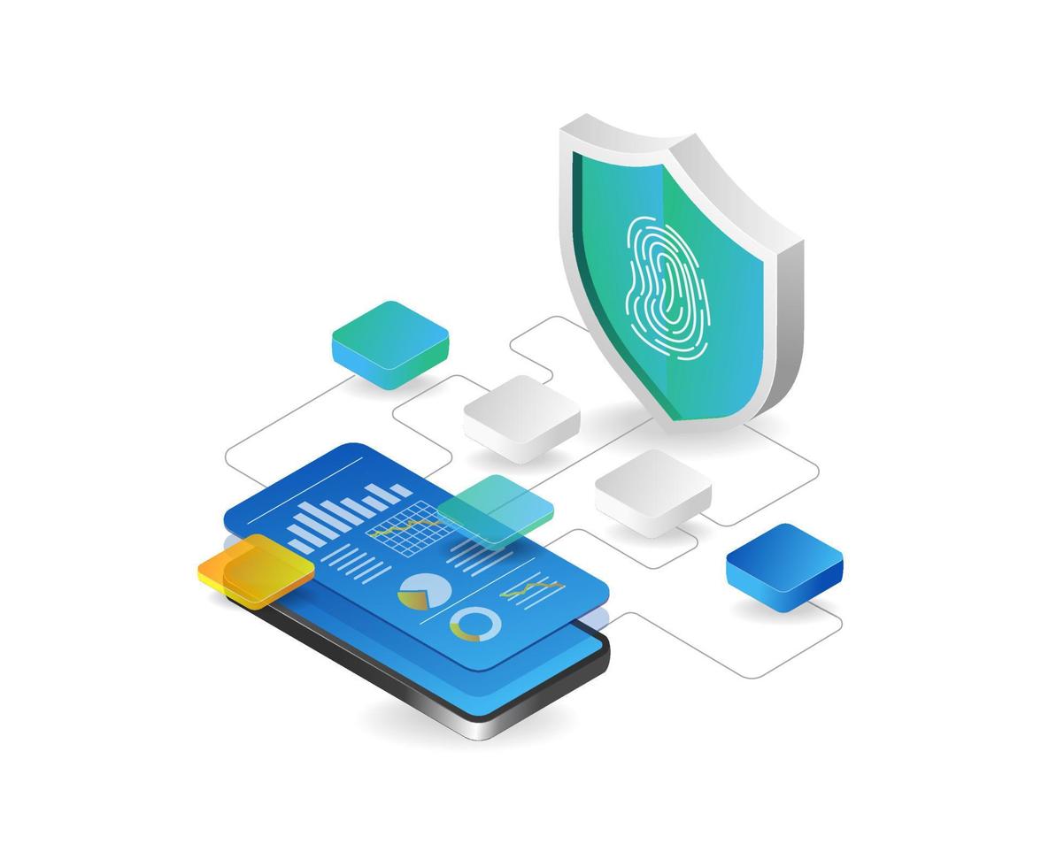 Isometric flat 3d concept of analyst smartphone security app illustration vector