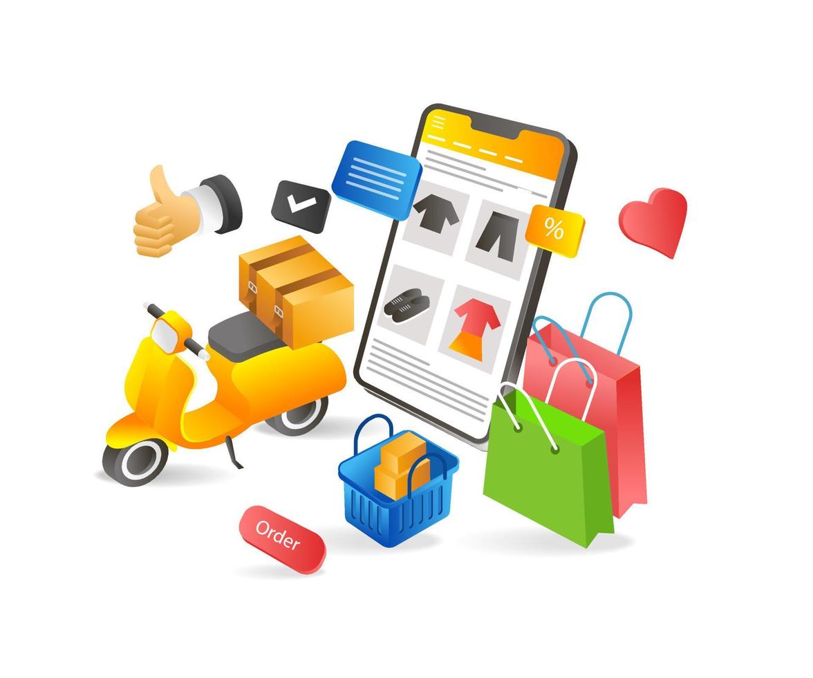 Flat 3d concept isometric illustration of delivery of goods after online shopping order vector