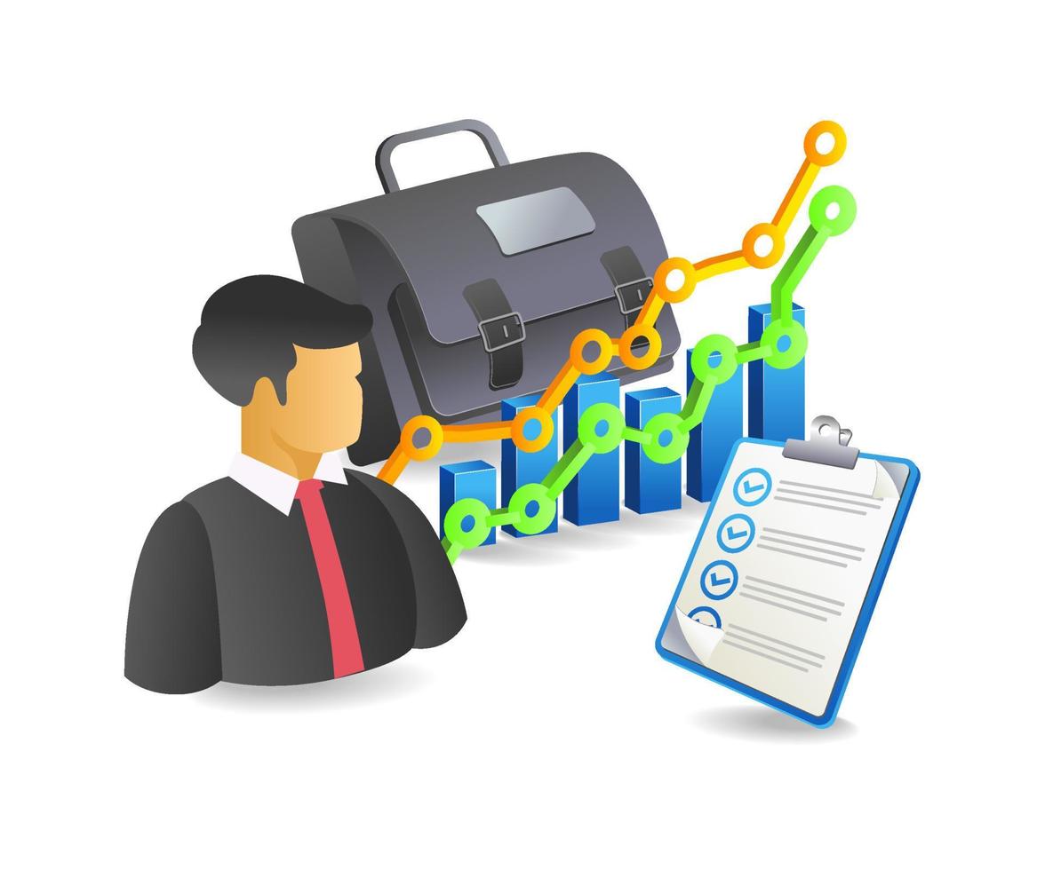 Isometric flat 3d illustration concept reading analyst business plan vector