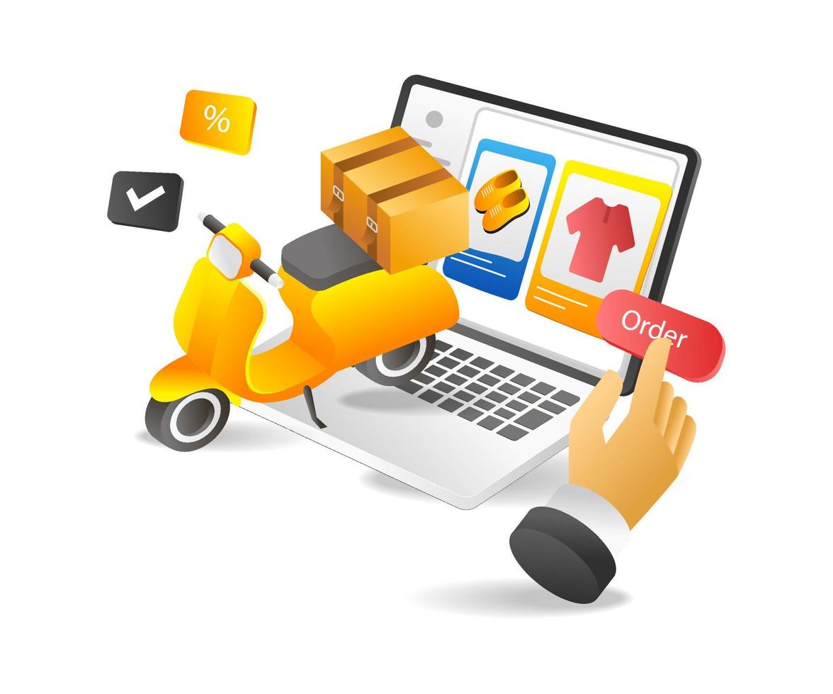 Concept flat isometric 3d illustration motorcycle delivery goods coming out of laptop vector