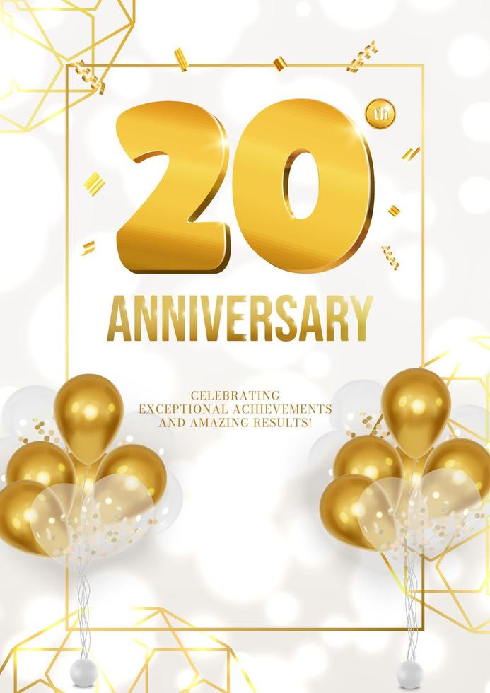 Celebration of anniversary or birthday poster with golden date and balloons 20 vector