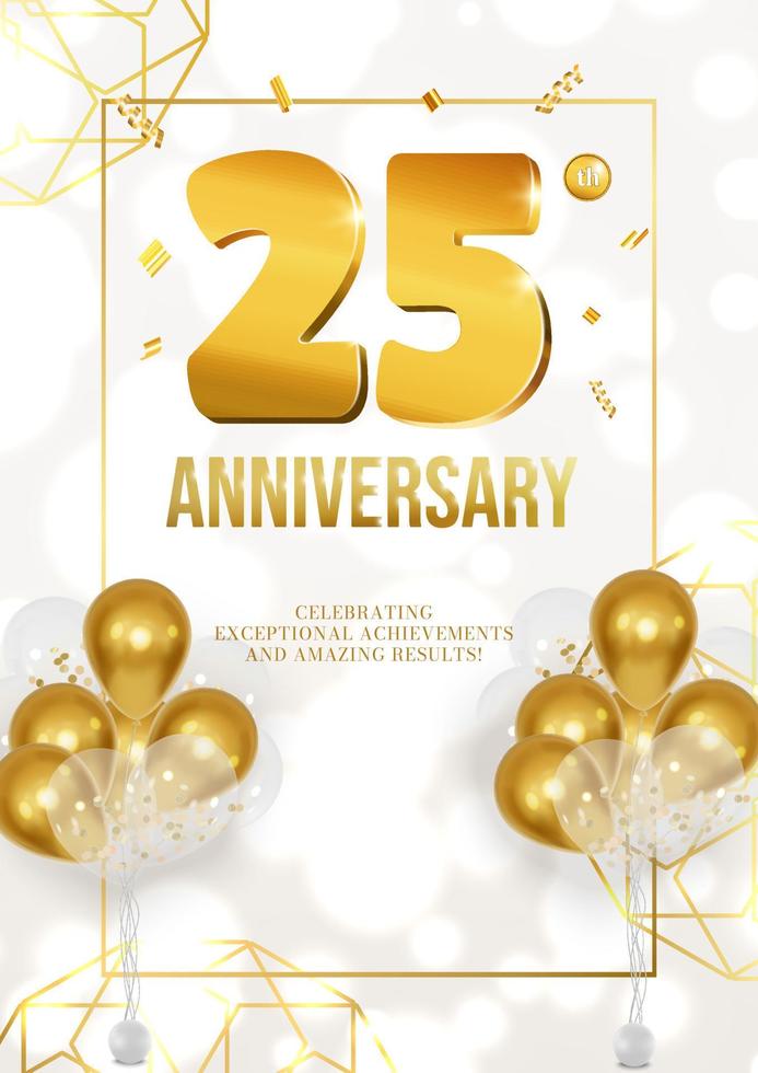 Celebration of anniversary or birthday poster with golden date and balloons 25 vector