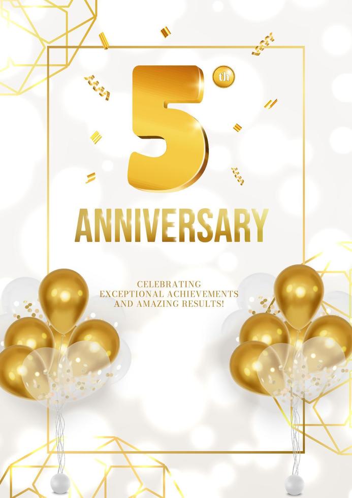 Celebration of anniversary or birthday poster with golden date and balloons 5 vector
