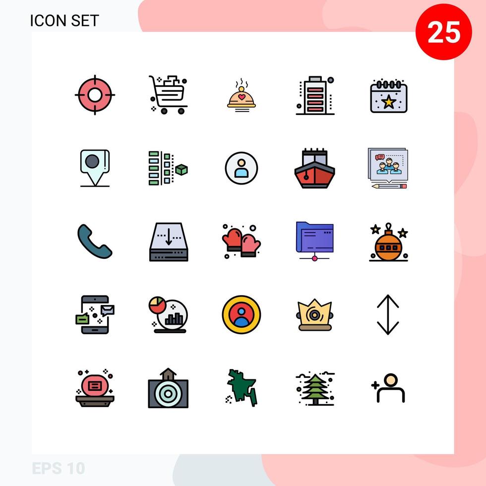 Modern Set of 25 Filled line Flat Colors and symbols such as devices battery commerce valentine bbq Editable Vector Design Elements