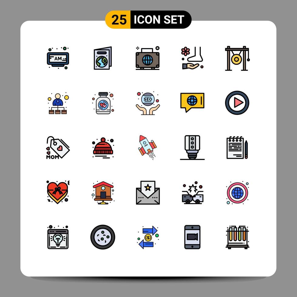 25 User Interface Filled line Flat Color Pack of modern Signs and Symbols of audio spa baggage relax foot Editable Vector Design Elements