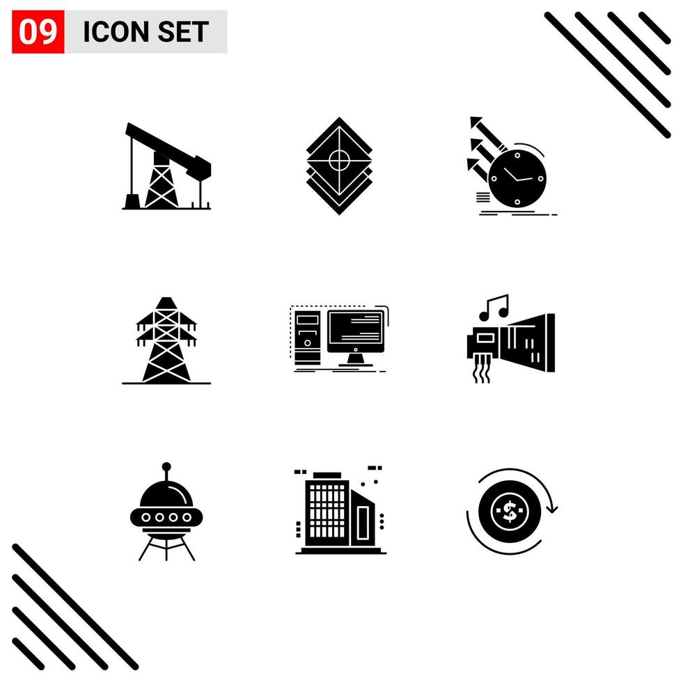 Pictogram Set of 9 Simple Solid Glyphs of transmission tower energy layer electrical regularities Editable Vector Design Elements