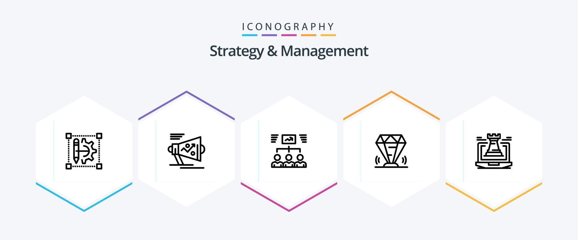 Strategy And Management 25 Line icon pack including ruby. value. announce. diamond. task vector