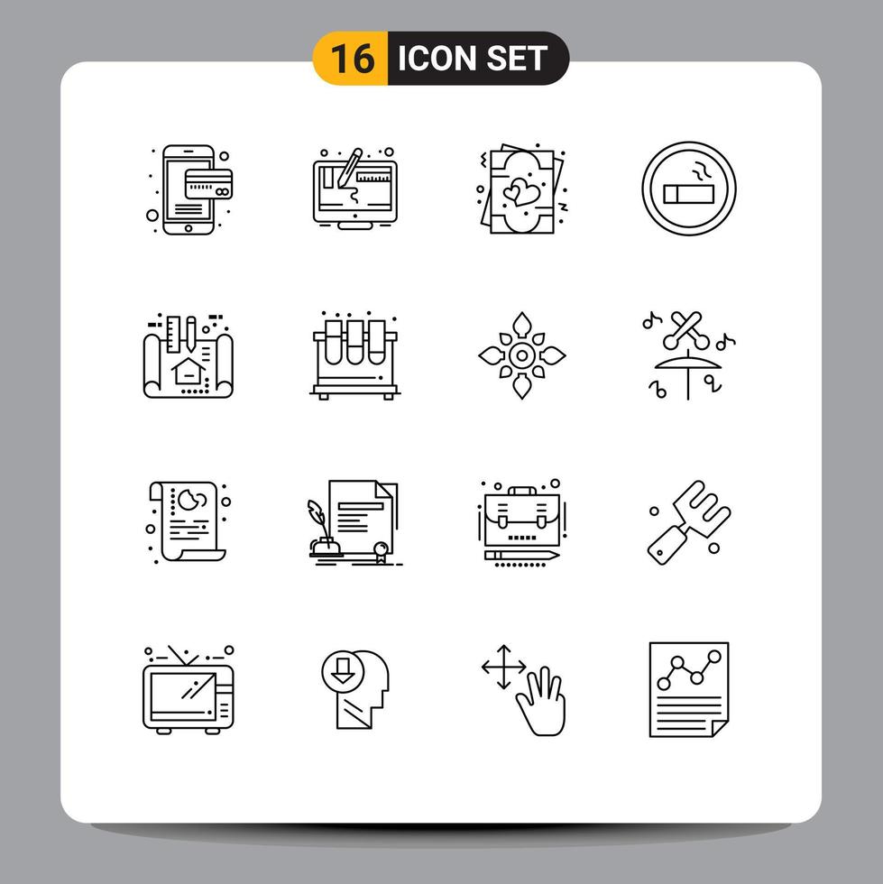 Pictogram Set of 16 Simple Outlines of plan apartment love science cigarette Editable Vector Design Elements