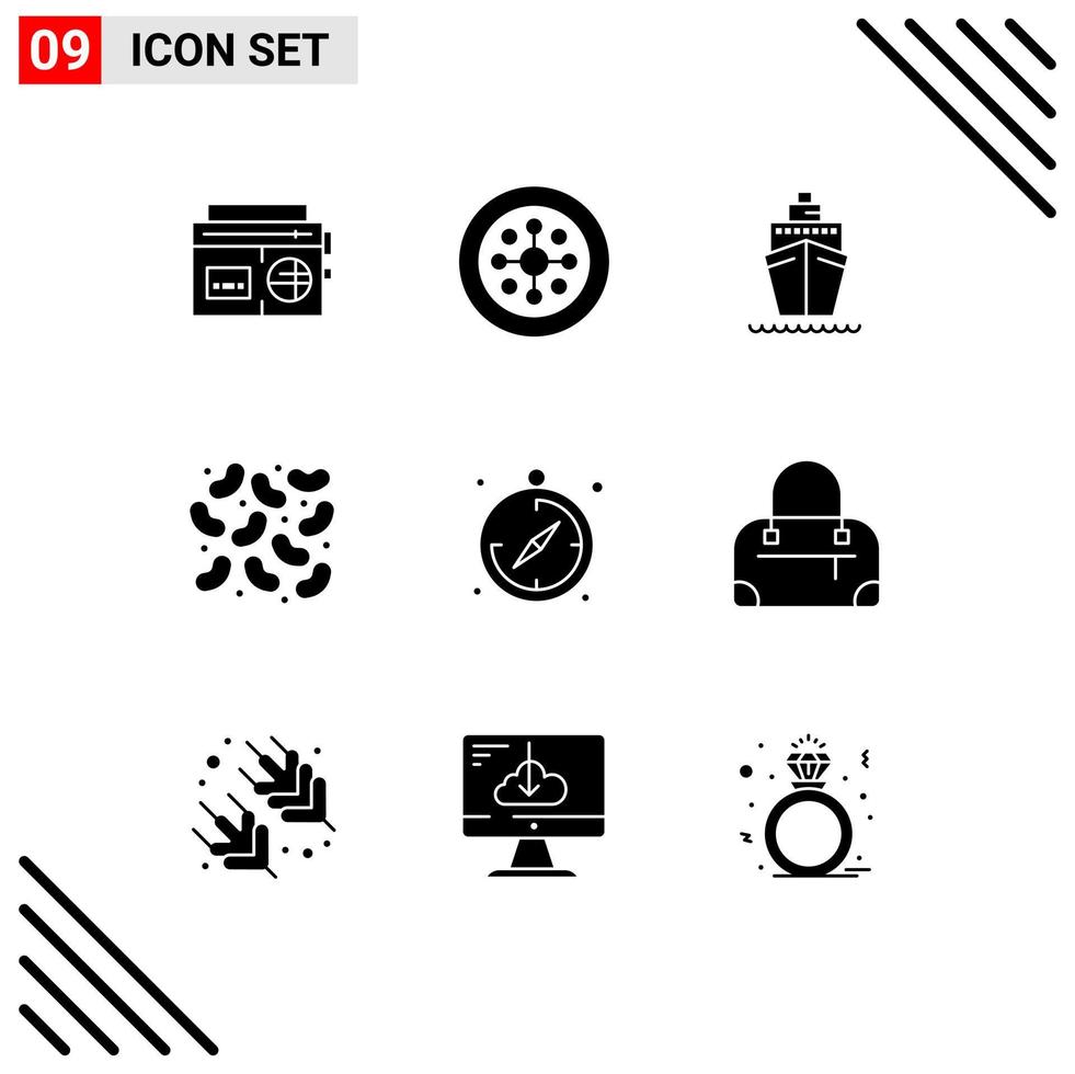 Group of 9 Solid Glyphs Signs and Symbols for guide camping boat virus bacteria Editable Vector Design Elements