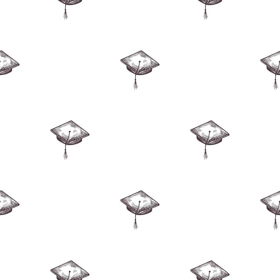 Graduate hat engraved seamless pattern. Vintage element education in hand drawn style. Sketch texture for fabric, wallpaper, textile, print, title, wrapping paper. Vector illustration.