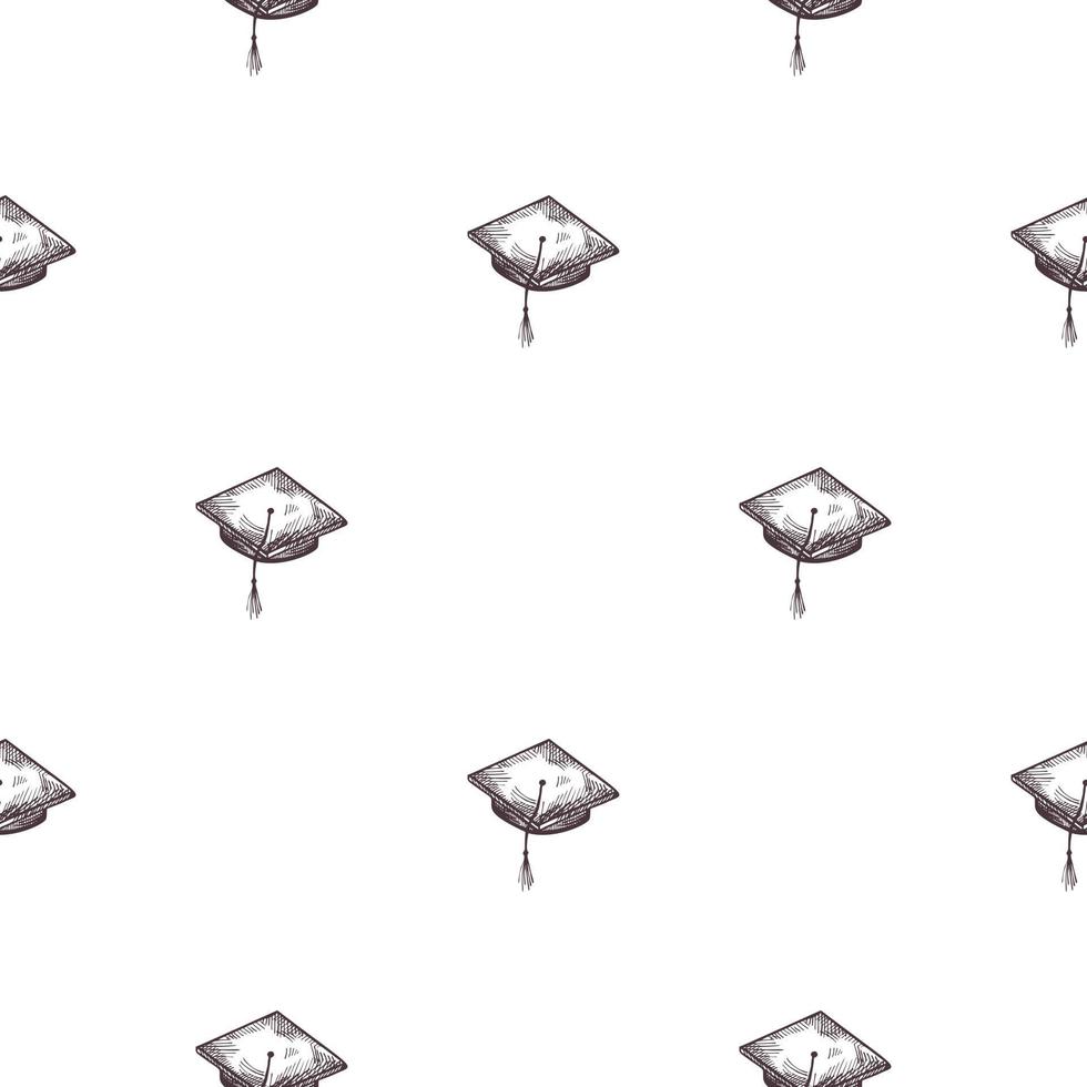 Graduate hat engraved seamless pattern. Vintage element education in hand drawn style. Sketch texture for fabric, wallpaper, textile, print, title, wrapping paper. Vector illustration.