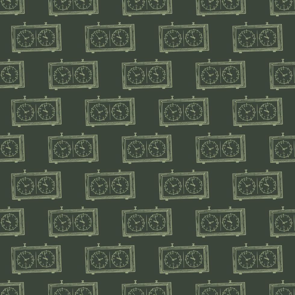 Chess clock engraved seamless pattern. Retro watch for chess game in hand drawn style. Sketch texture for fabric, wallpaper, textile, print, title, wrapping paper. Vector illustration.